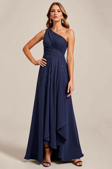 One Shoulder Navy A Line Mother of the Bride Dress